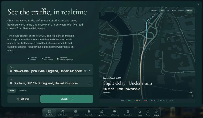 The live traffic tool showing a Newcastle to Durham route and traffic conditions