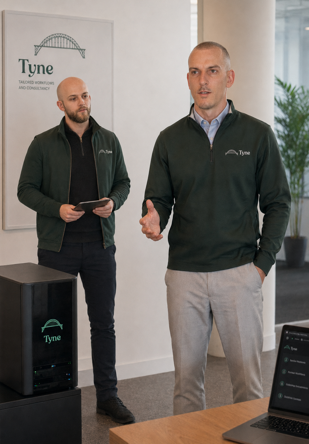 Tyne founders Phil and Aaron presenting a tailored workflow system